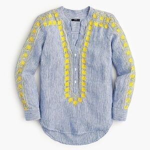 J.Crew Blue Striped 100% Linen Top with Yellow Embroidery Size Medium
